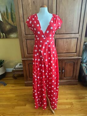 Red and White Polka Dot Maxi Dress High Sexy Split